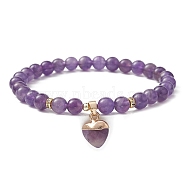 Natural Amethyst Round Beaded Stretch Bracelets, with Heart Charms, Inner Diameter: 2-1/8~2-1/4 inch(5.4~5.6cm)(BJEW-JB09727-01)