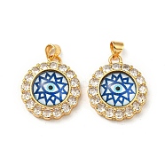 Real 18K Gold Plated Brass Pendants, with Glass and Acrylic, Flat Round with Evil Eye Charms, Cornflower Blue, 23.5x20x7mm, Hole: 4x3.5mm(KK-L209-008G-02)