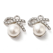 Alloy with Rhinestone Pendants, with ABS Imitation Pearl, Bowknot Charms, Platinum, 18.5x18x10mm, Hole: 2.5mm(FIND-B032-12P)