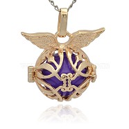 Golden Tone Brass Cage Pendants, Hollow Round with Wing, with No Hole Spray Painted Brass Round Ball Beads, Medium Purple, 26x29x20mm, Hole: 3x8mm(KK-J213-10G)