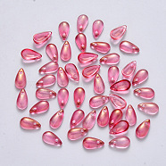 Transparent Spray Painted Glass Charms, with Glitter Powder, Teardrop, Cerise, 9.5x5x3mm, Hole: 1.2mm(GLAA-R211-07-C03)