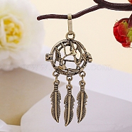 Tibetan Style Brass Hollow Bead Cage Pendants, Woven Net/Web with Feather Charm, for Chime Ball Pendant Necklaces Making, Antique Bronze, Heart, 69x20mm(PW-WG52822-03)