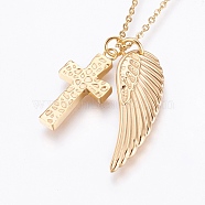 304 Stainless Steel Pendant  Necklaces, Wing and Cross, Golden, 17.79 inch(45.2cm), 1.5mm(NJEW-P224-24G)