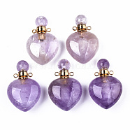 Natural Amethyst Pendants, Openable Perfume Bottle, with Golden Tone Brass Findings, Heart, 33~34.5x22.5x12.5~13.5mm, Hole: 1.8mm, Bottle Capacity: 1ml(0.034 fl. oz)(G-T131-16D)