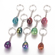 Electroplated Natural Druzy Geode Quartz Keychain, with Iron Chains and Alloy Key Rings, Oval, Egg Stone, For Easter, Platinum, Mixed Color, 81~83mm(KEYC-I111-02P)