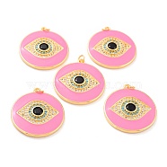 Real 18K Gold Plated Brass Micro Pave Cubic Zirconia Pendants, with Jump Ring and Enamel, Long-Lasting Plated, Flat Round with 
Evil Eye, Pink, 33x30x4mm, Jump Ring: 5x1mm, 3mm Inner Diameter(ZIRC-L100-084G-04)