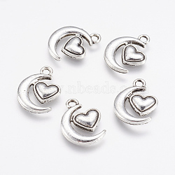 Alloy Pendants, Moon and Heart, Antique Silver, 17x13x2mm, Hole: 2mm(X-PALLOY-G192-12AS)