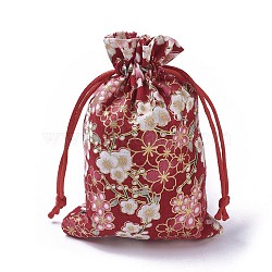 Burlap Packing Pouches, Drawstring Bags, Rectangle with Flower Pattern, Red, 14.2~14.7x10~10.3cm(ABAG-I001-10x14-07C)