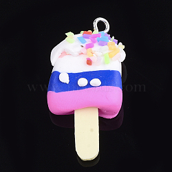 Handmade Polymer Clay Pendants, with Iron Findings, Ice Lolly, Platinum, Colorful, 35~40x15~18x6~11mm, Hole: 2mm(CLAY-S091-06B)