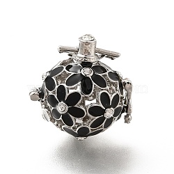 Alloy Crystal Rhinestone Bead Cage Pendants, Hollow Flower Charm, with Enamel, for Chime Ball Pendant Necklaces Making, Platinum, Black, 34mm, Hole: 6x3mm, Bead Cage: 26x25x21mm, 18mm Inner Size(ENAM-M047-04P-A)