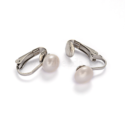 304 Stainless Steel Freshwater Pearl Clip-on Earrings, Creamy White, 16x4x16mm(EJEW-M188-08A)