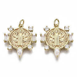 Brass Micro Pave Clear Cubic Zirconia Pendants for Religion, with Jump Ring, Nickel Free, Flat Round with Saint Benedict, Real 16K Gold Plated, 22x19.5x3mm, Jump Ring: 5x1mm, 3mm inner diameter(ZIRC-N039-078-NF)