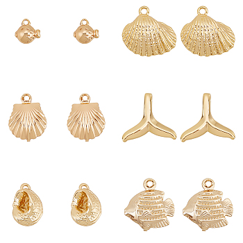 12 Pcs 6 Style Brass Charms, Fish & Whale Tail & Shell, Real 18K Gold Plated, 6.5~13x6.5~14.5x3~5mm, Hole: 1~5.5mm, 2pcs/style