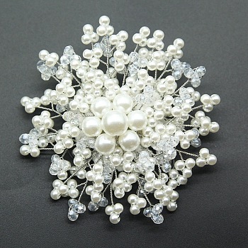 Handmade Plastic Imitation Pearl Alloy Flower Brooch, with Rhinestone, Platinum, 75x75mm