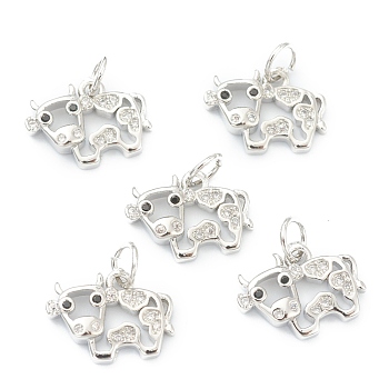 Brass Clear Cubic Zirconia Charms, Long-Lasting Plated, with Jump Ring, Cow, Platinum, 10x13.5x2.5mm, Hole: 3.5mm