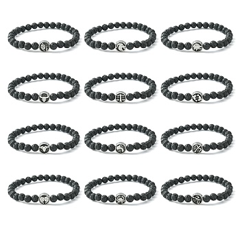 12Pcs 12 Style Twelve Constellations 304 Stainless Steel & Natural Lava Rock Beaded Stretch Bracelets Set, Antique Silver, Inner Diameter: 2-1/8 inch(5.4cm), 1Pc/style