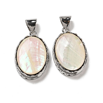 Natural Paua Shell Pendants, Platinum Plated Alloy Oval Charms, Antique White, 32.5~33x21.5x7mm, Hole: 8x6mm