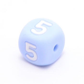 Silicone Beads, for Bracelet or Necklace Making, Arabic Numerals Style, Light Sky Blue Cube, Num.5, 10x10x10mm, Hole: 2mm