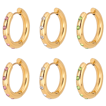 Elite 3Pairs 3 Colors Real 18K Gold Plated 304 Stainless Steel Huggie Hoop Earrings with Cubic Zirconia, Mixed Color, 6 Gauge, 23x24x4mm, 1 Pair/coor