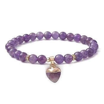 Natural Amethyst Round Beaded Stretch Bracelets, with Heart Charms, Inner Diameter: 2-1/8~2-1/4 inch(5.4~5.6cm)