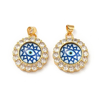 Real 18K Gold Plated Brass Pendants, with Glass and Acrylic, Flat Round with Evil Eye Charms, Cornflower Blue, 23.5x20x7mm, Hole: 4x3.5mm