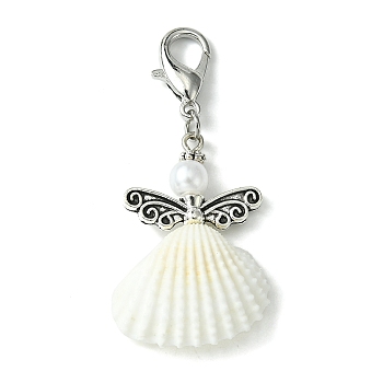 Angel Shell Pendant Decorations, with Alloy Lobster Claw Clasps, Antique Silver & Platinum, 52mm