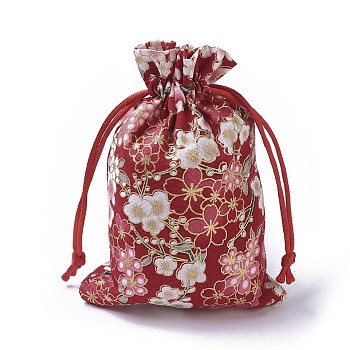 Burlap Packing Pouches, Drawstring Bags, Rectangle with Flower Pattern, Red, 14.2~14.7x10~10.3cm
