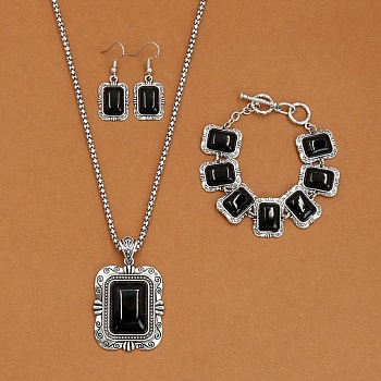 Rectangle Alloy with Synthetic Turquoise Pendant Necklaces & Dangle Earrings & Link Bracelets Sets, Antique Silver, Black, 19.29 inch(490mm)