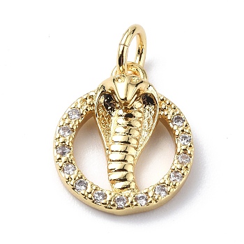 Brass Micro Pave Cubic Zirconia Charms, with Jump Rings, Round Ring & Cobra Snake Charms, Real 18K Gold Plated, 13.5x11x4mm, Hole: 3.2mm