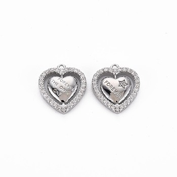 Brass Micro Pave Clear Cubic Zirconia Charms, Nickel Free, Heart with Word Forever, Real Platinum Plated, 12x11x2mm, Hole: 0.9mm