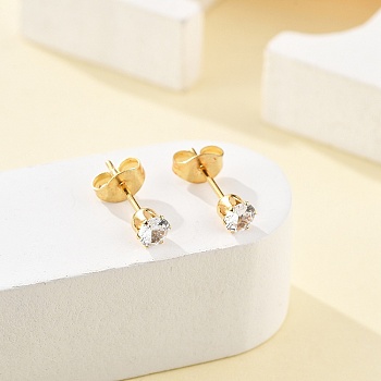 304 Stainless Steel Stud Earrings, with Rhinestone and Ear Nuts/Earring Back, Flat Round, Crystal, Golden, 14.5x4.5mm, Pin: 0.6mm, 12pairs/card