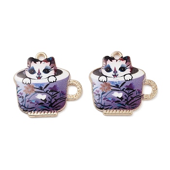 Printed Alloy Pendants, Teacup with Cat, Light Gold, Medium Purple, 22.5x23x2.5mm, Hole: 2mm