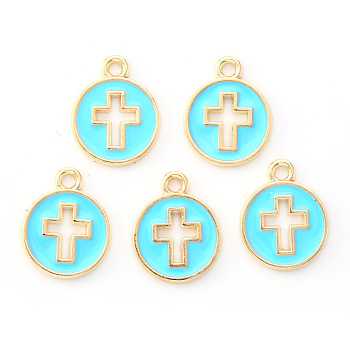 Light Gold Plated Alloy Enamel Pendants, Flat Round with Cross, Cyan, 15x12x1.5mm, Hole: 1.6mm