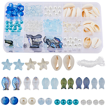 DIY Fish Bracelet Making Kit, Including Glass & Natural Cowrie Shell Beads, Elastic String, Mixed Color, 266Pcs/box