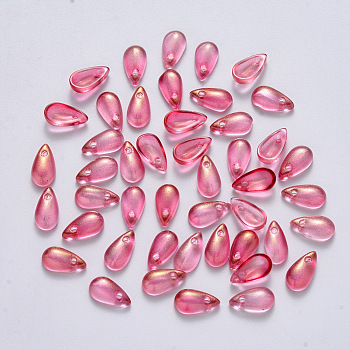 Transparent Spray Painted Glass Charms, with Glitter Powder, Teardrop, Cerise, 9.5x5x3mm, Hole: 1.2mm