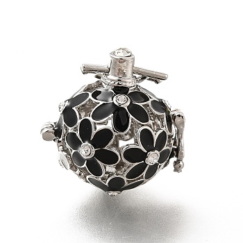 Alloy Crystal Rhinestone Bead Cage Pendants, Hollow Flower Charm, with Enamel, for Chime Ball Pendant Necklaces Making, Platinum, Black, 34mm, Hole: 6x3mm, Bead Cage: 26x25x21mm, 18mm Inner Size