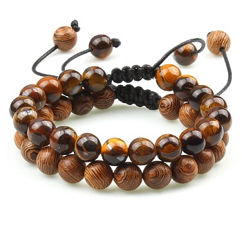 Adjustable Round Natural Tiger Iron & Elephant Skin Jasper Braided Bead Bracelet Sets, Stackable Bracelets for Women Men