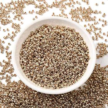 Electroplate 12/0 Glass Seed Beads, Round Hole Rocailles, Gold Color, Size: about 2mm in diameter, 2mm thick, hole: 0.5mm, 3300pcs/50g