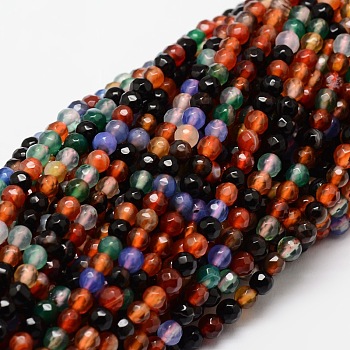 Faceted Natural Agate Round Beads Strands, Dyed, Colorful, 4mm, Hole: 1mm, about 92pcs/strand, 15.3 inch