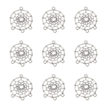 Tibetan Style Alloy Chandelier Components Links, Lead Free & Cadmium Free, Flat Round, for Woven Net/Web with Feather Making, Antique Silver, 34x28x2mm, Hole: 3mm