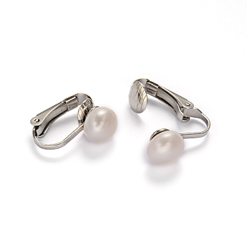 304 Stainless Steel Freshwater Pearl Clip-on Earrings, Creamy White, 16x4x16mm