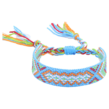 Polyester-cotton Braided Rhombus Pattern Cord Bracelet, Ethnic Tribal Adjustable Brazilian Bracelet for Women, Light Sky Blue, 5-7/8~11 inch(15~28cm)