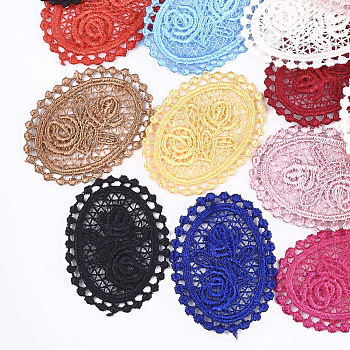Polycotton(Polyester Cotton) Woven Pendant Decorations, Oval with Flower, Mixed Color, 51~52x37~38x1~1.5mm