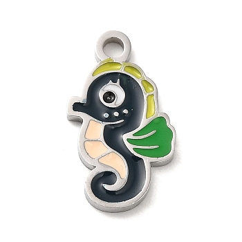 304 Stainless Steel Enamel Pendants, Laser Cut, Sea Horse Charm, Stainless Steel Color, 16.5x9x1.5mm, Hole: 1.8mm