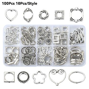 100Pcs 10 Styles Tibetan Style Alloy Bead Frames, Mixed Shapes, Antique Silver, 10~20x10~20x2~3mm, Hole: 1~1.5mm, 10pcs/style