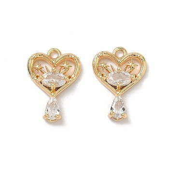 Brass Pave Cubic Zirconia Pendants, Heart with Teardrop Dangle Charms, Real 18K Gold Plated, Clear, 16x11.5x3.5mm, Hole: 1.5mm