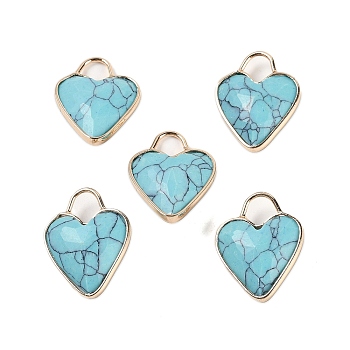 Synthetic Turquoise Faceted Pendans, Golden Plated Brass Heart Charms, 23x18x7~7.5mm, Hole: 6x6.5mm