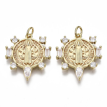 Brass Micro Pave Clear Cubic Zirconia Pendants for Religion, with Jump Ring, Nickel Free, Flat Round with Saint Benedict, Real 16K Gold Plated, 22x19.5x3mm, Jump Ring: 5x1mm, 3mm inner diameter