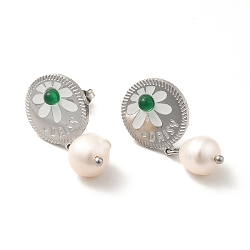 Daisy with Natural Pearl Dangle Stud Earrings, 304 Stainless Steel Drop Earrings for Women, Stainless Steel Color, 28mm, Pin: 0.8mm