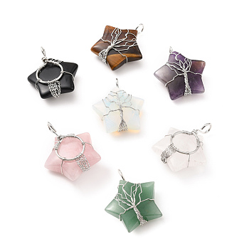 Natural & Synthetic Gemstone Pendants, with Platinum Tone Copper Wire Wrapped, Cadmium Free & Lead Free, Star, 34~37.5x29~31x10~12mm, Hole: 5~6mm